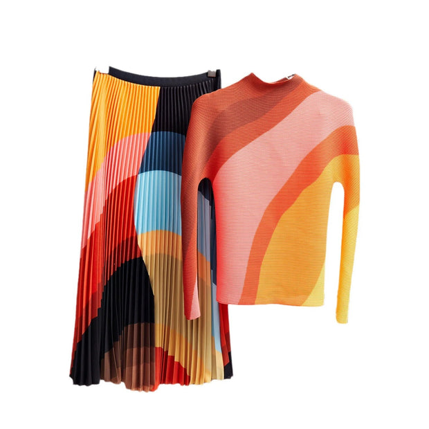 Miyake Pleated Plus Size Skirt Suit New High-end Light Luxury Womens Fashion Temperament Suit Female Two-piece Set Clothing