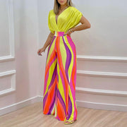 European and American Womens Clothing Ins Summer New Style Temperament V Neck Printed Wide Leg Pants Fashion Casual Set