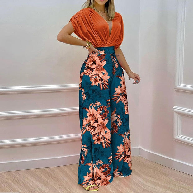 European and American Womens Clothing Ins Summer New Style Temperament V Neck Printed Wide Leg Pants Fashion Casual Set