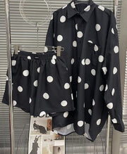 Print Dot Two Piece Set Womens Lapel Long Sleeve Shirt High Waist Loose Shorts Colorblock Sets Female Clothing
