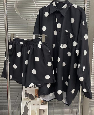Print Dot Two Piece Set Womens Lapel Long Sleeve Shirt High Waist Loose Shorts Colorblock Sets Female Clothing