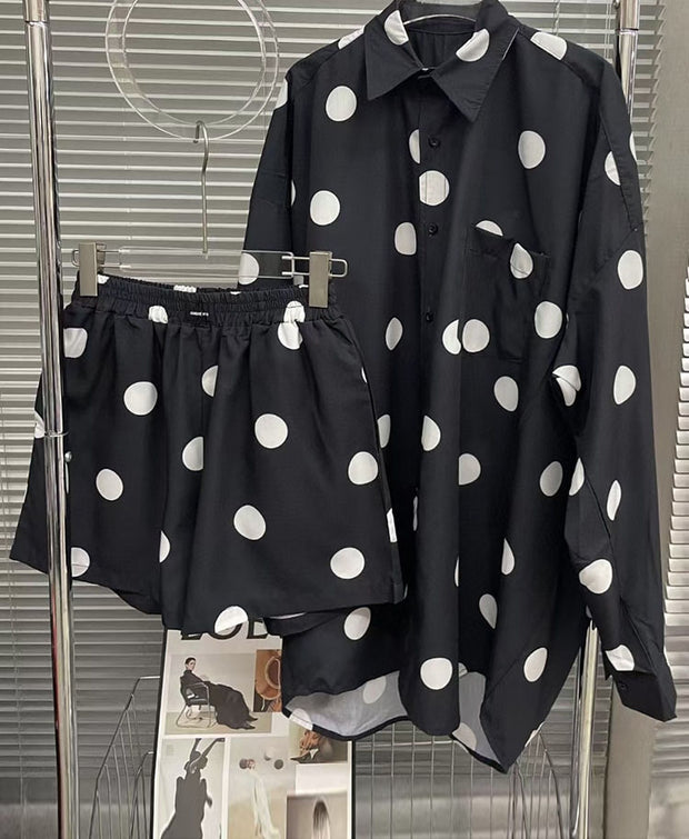 Print Dot Two Piece Set Womens Lapel Long Sleeve Shirt High Waist Loose Shorts Colorblock Sets Female Clothing