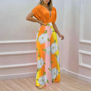 European and American Womens Clothing Ins Summer New Style Temperament V Neck Printed Wide Leg Pants Fashion Casual Set