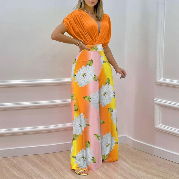 European and American Womens Clothing Ins Summer New Style Temperament V Neck Printed Wide Leg Pants Fashion Casual Set