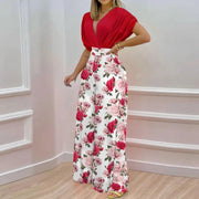 European and American Womens Clothing Ins Summer New Style Temperament V Neck Printed Wide Leg Pants Fashion Casual Set