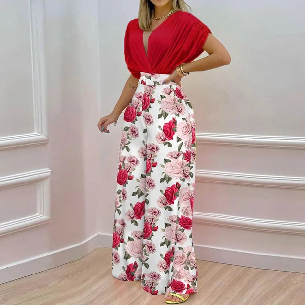 European and American Womens Clothing Ins Summer New Style Temperament V Neck Printed Wide Leg Pants Fashion Casual Set
