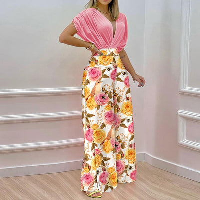 European and American Womens Clothing Ins Summer New Style Temperament V Neck Printed Wide Leg Pants Fashion Casual Set