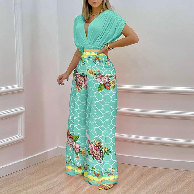 European and American Womens Clothing Ins Summer New Style Temperament V Neck Printed Wide Leg Pants Fashion Casual Set